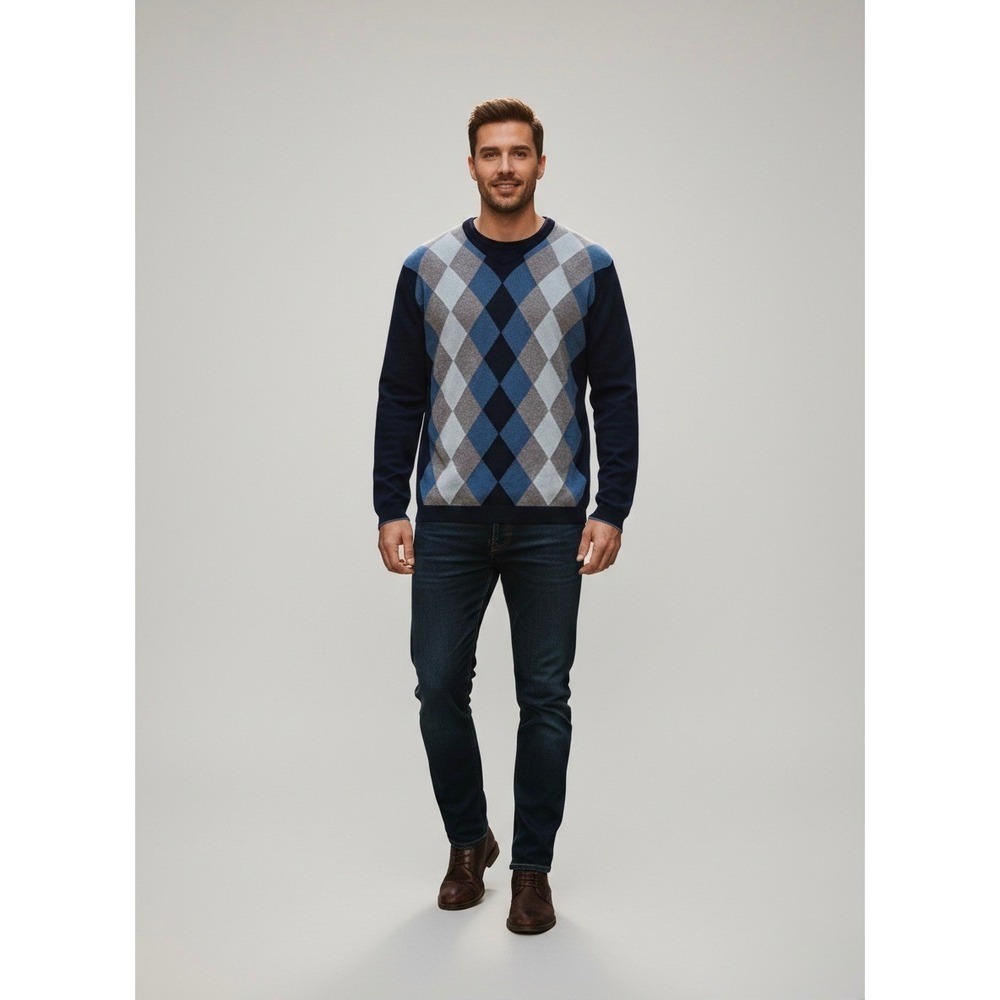 Banana Republic Mens Silk Cashmere Argyle V-Neck Sweater Blue Grey Large L